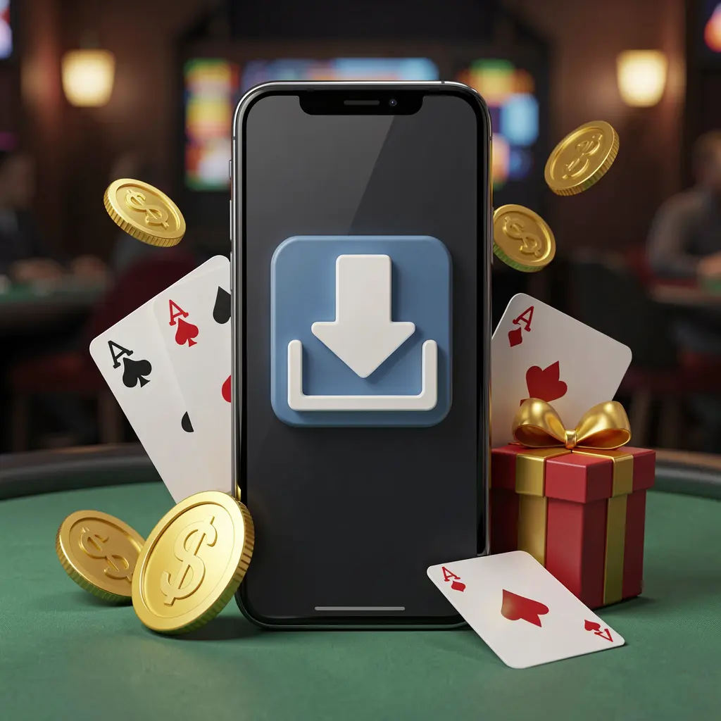 773CW casino app download concept showing a smartphone with a download icon surrounded by golden coins, a gift box, and playing cards in a modern mobile gaming atmosphere