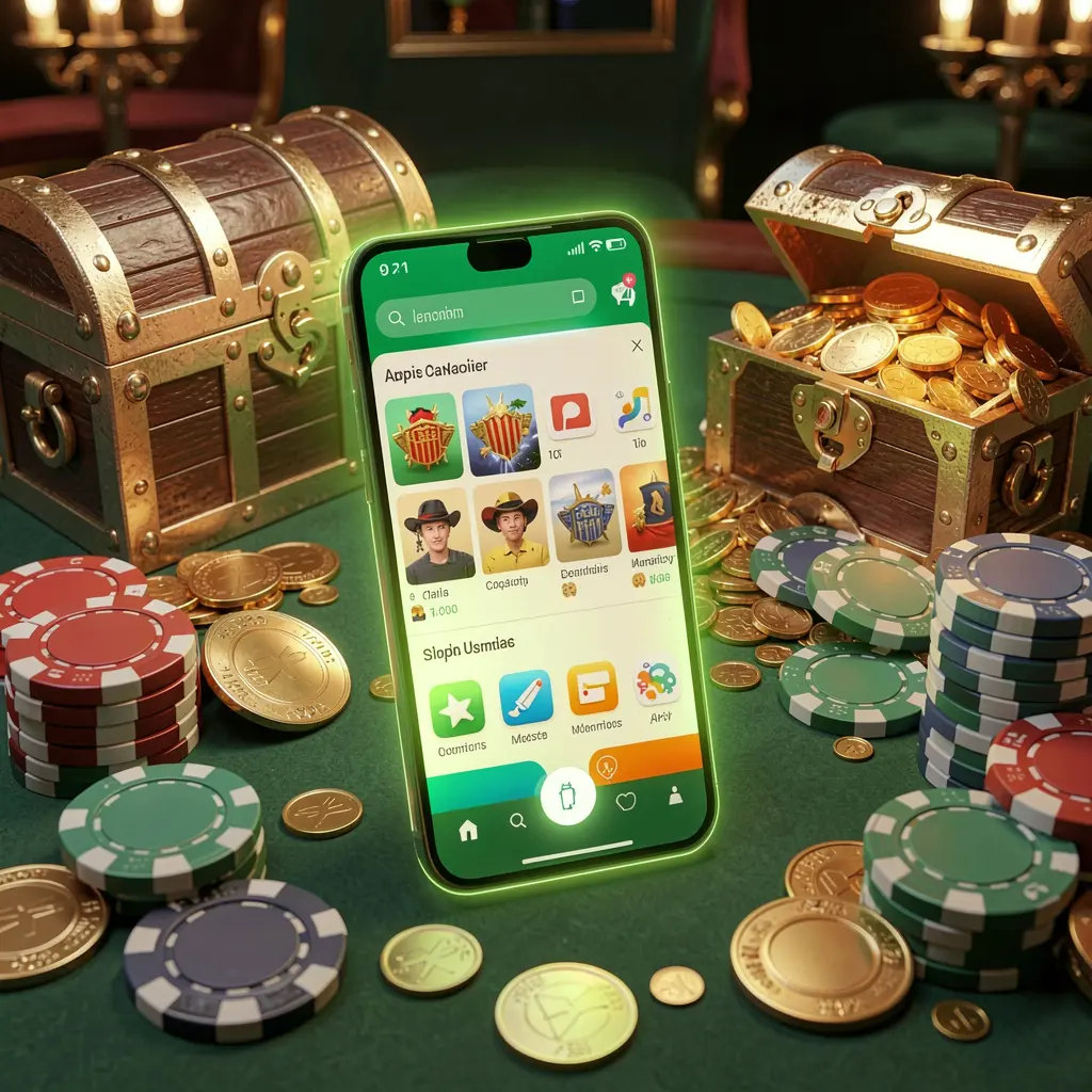 Glowing smartphone displaying 773CW Casino APK with Android-style mobile app layout, surrounded by treasure chest, chips, and coins in a luxury 3D render