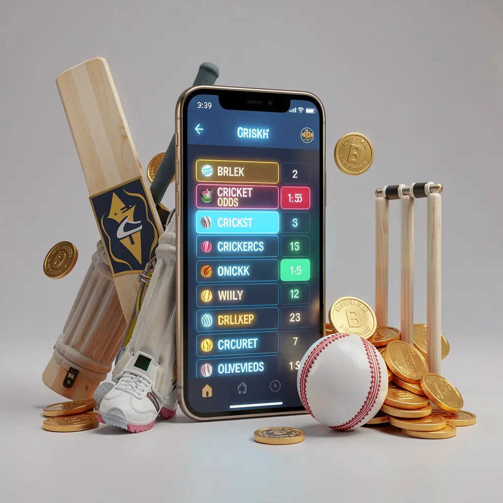 773CW modern cricket betting scene with a smartphone displaying glowing cricket odds interface, surrounded by a cricket bat, ball, wickets, and golden coins in a premium 3D illustration