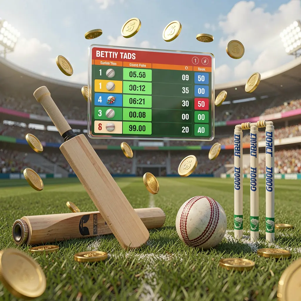 Realistic 3D illustration of a cricket bat, cricket ball, and wickets on stadium grass with floating betting odds interface and golden coins flying, representing 773CW sports betting in Pakistan