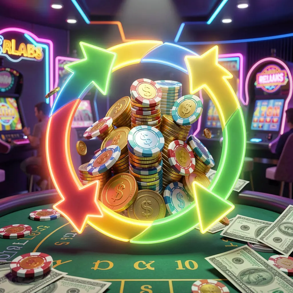 773CW reload bonus casino image featuring glowing circular arrows around coins, chips, and cash with a modern neon casino background in high detail 3D render