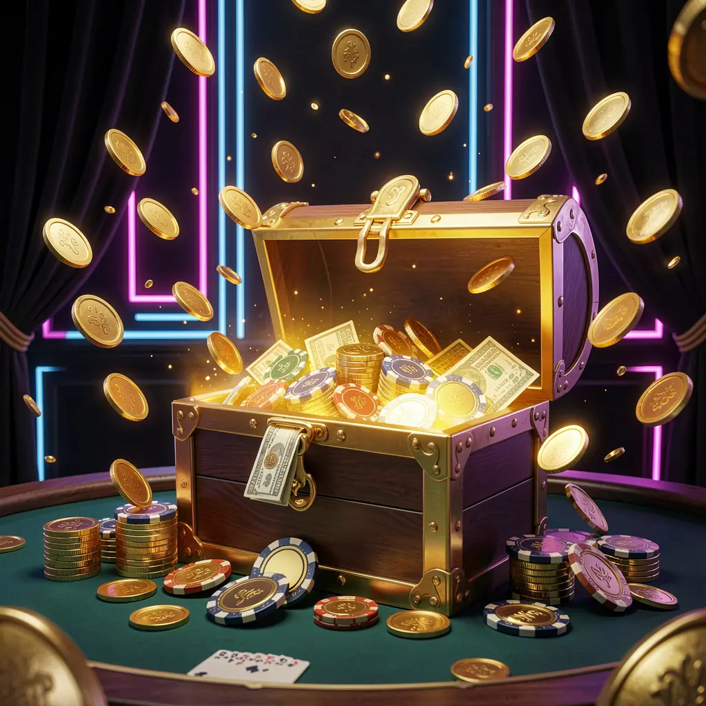 A premium online casino bonus hero banner featuring golden coins flying in the air and a glowing treasure chest full of chips and cash, set against a luxury dark background with neon accents, showcasing an elegant casino style with festive atmosphere and cinematic 3D realistic lighting, branded by 773CW