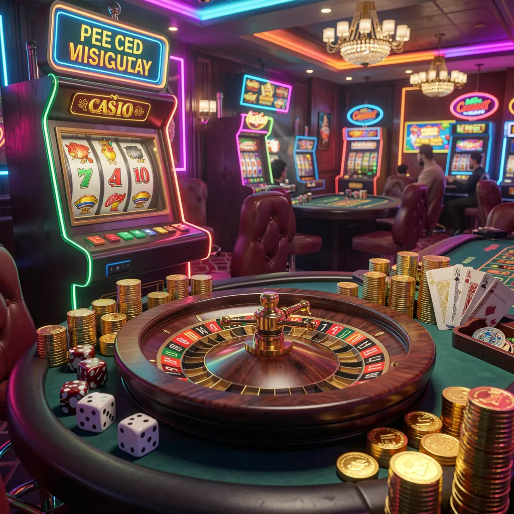 773CW casino entertainment scene featuring a slot machine, roulette wheel, dice, cards, and golden coins illuminated by colorful neon lights in an exciting premium atmosphere