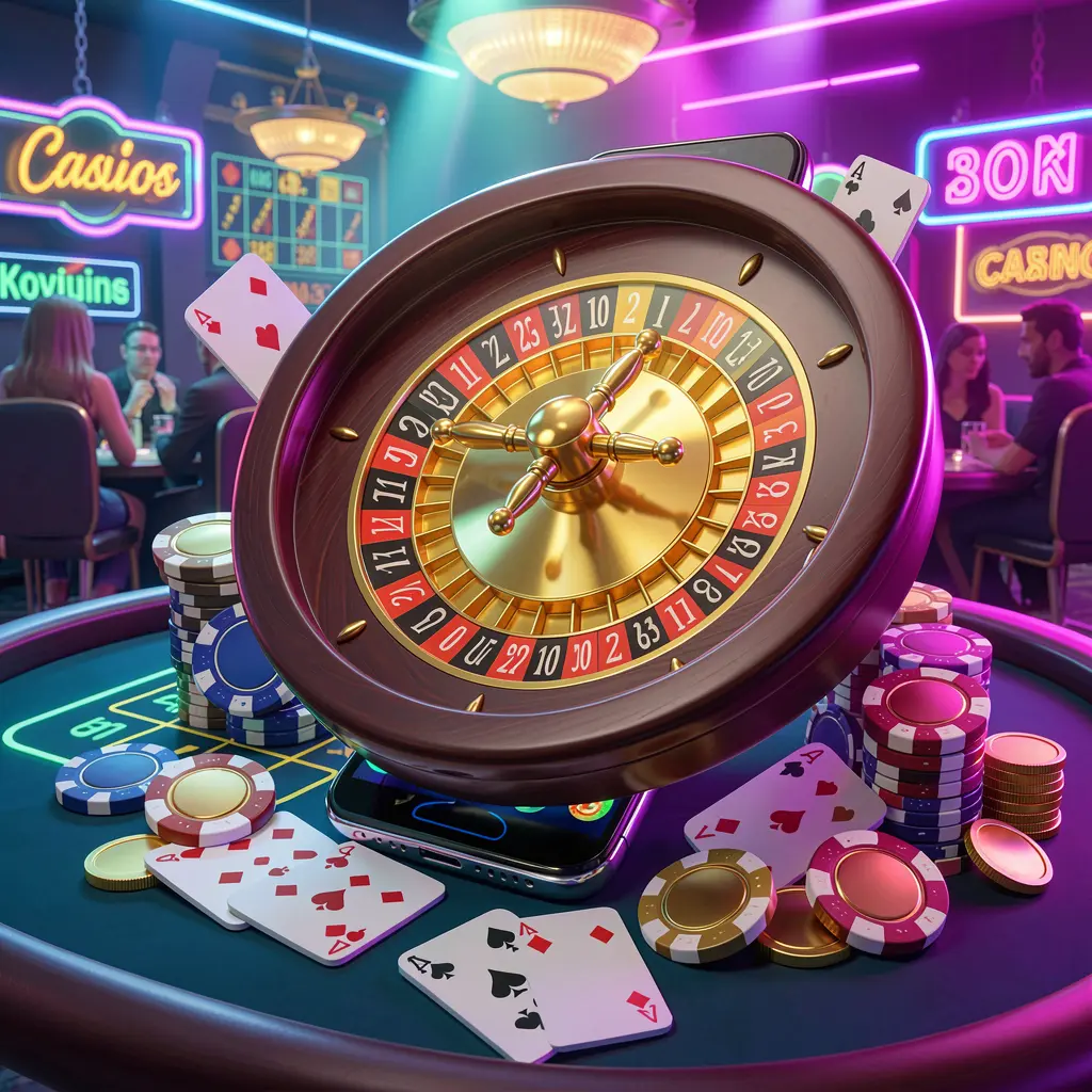 773CW mobile casino experience showing a smartphone surrounded by a roulette wheel, poker chips, playing cards, and coins in a bright neon casino atmosphere