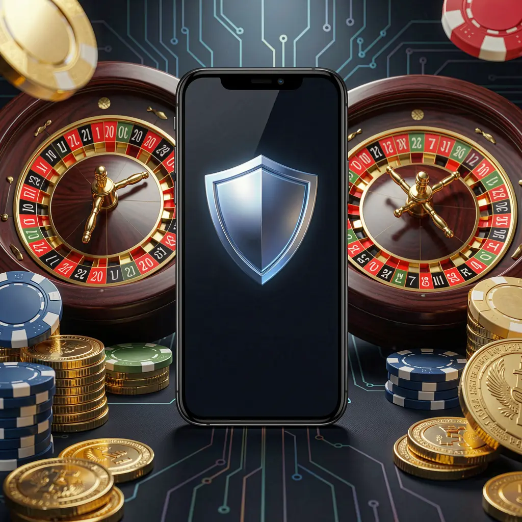 Secure mobile casino login screen on phone with shield icon, roulette wheel, poker chips, and golden coins in a dark cyber luxury atmosphere featuring 773CW branding
