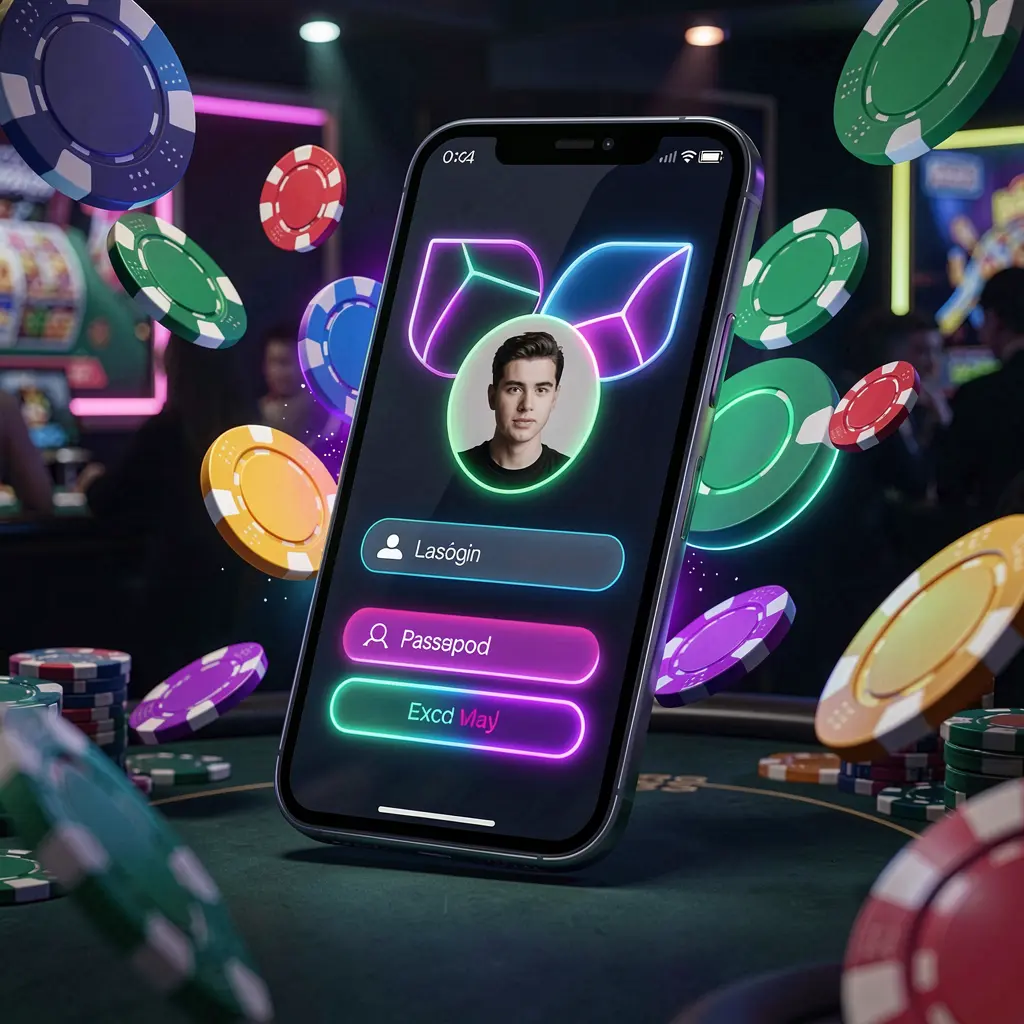 773CW mobile casino login screen showing abstract user profile and password fields on a phone with neon glow, chips and coins flying around in a dark premium casino atmosphere