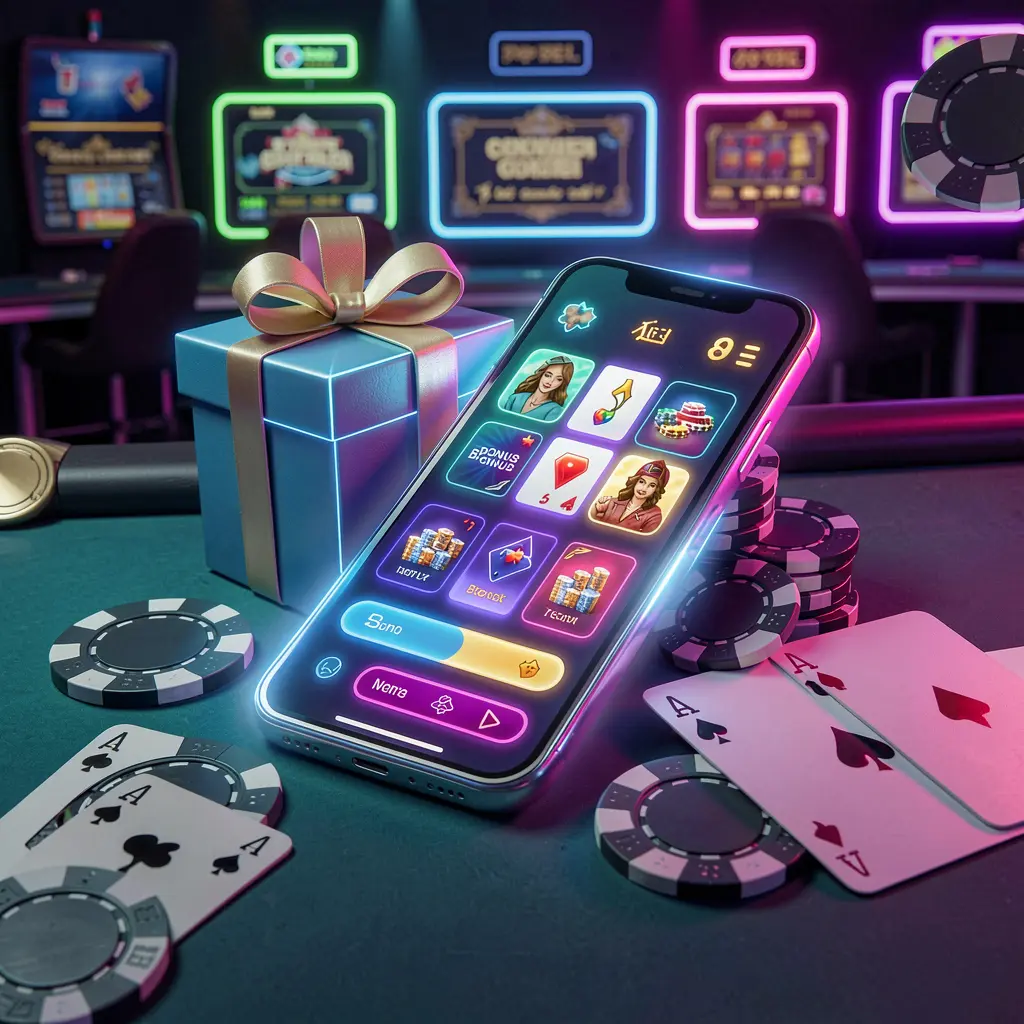 Modern casino website hero scene featuring a smartphone with glowing interface surrounded by bonus gift box, chips, coins, and playing cards in premium neon casino style by 773CW